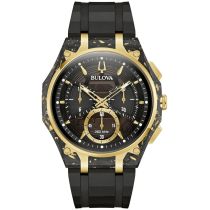 Bulova 98A328 Mens Watch Curv Carbon & Gold Chronograph 44mm 3ATM 